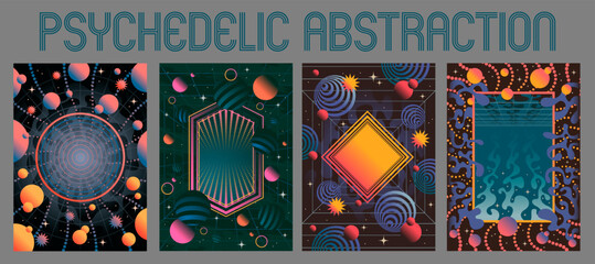 Wall Mural - Psychedelic Style Abstract Geometric Posters. 1980s Retro Design Backgrounds Set