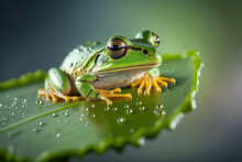 A Green Frog Sitting On Top Of A Leaf, Macro, Generative Ai Illustration 