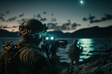 Modern Coastal War at Night: Island Battle Scene with Military Equipment and Troops. Generative AI.