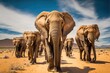 Herd of Wild Elephants in the African Savannah. Generative AI.