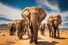 Herd Of Wild Elephants In The African Savannah. Generative AI.