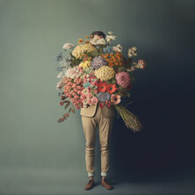 Abstract Retro Portrait Of A Man Who Instead Of A Face Has A Huge Bouquet Of Fresh Flowers That He Wants To Give To His Woman. Vintage Illustration. Generative AI.