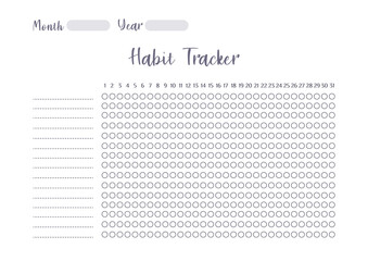 Vector Modern colorful habit tracker printable template with colorful elements. Habits tracker for month. Blank white notebook page A4