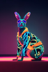 Easter cyber punk bunny in neon, vivid lights colors on dark background, portrait. Minimal holiday, futuristic, modern creative concept. Illustration. Generative AI.