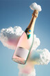 © Uncanny Valley - A pastel champagne party in the blue sky with clouds. A pastel liquor bottle with a pink drink exploding out of it. Illustration. Generative AI.