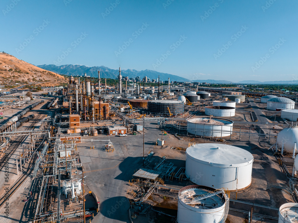 Aerial view of Salt Lake city oil refineries. Burning coal producing ...
