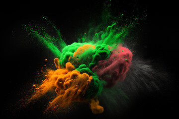 Wall Mural - explosion of multicolored, orange and green dust on black background. generative ai.