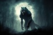 Werewolf lycanthrope. Dark misty forest full moon. Evil glowing eyes and sharp fangs. Hunting at night.