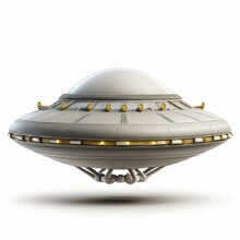 Round Disc-shaped Flying Saucer UFO With Lights Isolated On A White Background, Generative Ai