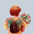 The girl from the back holds a bouquet of tulips and a bottle of wine in her hands. Illustration for postcards and t-shirts. 