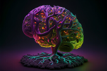 neon brain on a black background. created with generative ai technology.