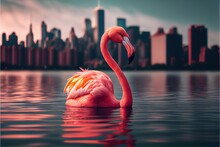 A Large Pink Flamingo Swimming Next To New York City. Generative AI