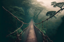 Bridge Surrounded By A Thick Foggy Jungle. Rope Bridge In Tropical Rainforest With Dense Plants And Vines. Illustration Of An Exotic Forest Suspension Bridge. Generative Ai