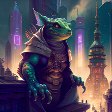 Gecko With Robot Armor Standing In A Neon City.