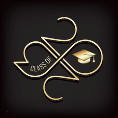 Wall Mural - Class of 2023 Glossy Gold Style Logo with Numbers Making Mobius Loop Square Academic Graduation Cap Sign and Lettering - Golden on Black Background - Gradient Graphic Design