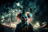 Horror clown and creapy funfair or circus. Concept of evil and fear. Designed using generative ai.
