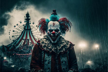 Horror Clown And Creapy Funfair Or Circus. Concept Of Evil And Fear. Designed Using Generative Ai.
