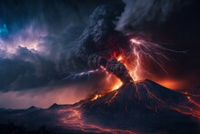 Volcan En éruption Avec Lave, Fumée Et éclairs, Pose Longue, Vu De Nuit - Illustration IA