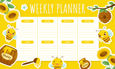 Poster - Cute Honey Bee Weekly Planner Design with Busy Insect and Natural Sweet Food Vector Template