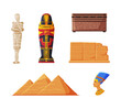 Ancient Egypt symbols set. Egyptian traditional cultural and historical objects cartoon vector illustration