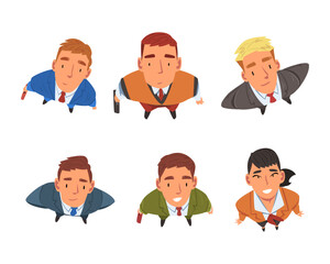 Sticker - Smiling Business Man and Woman Character Looking Up Above View Vector Set