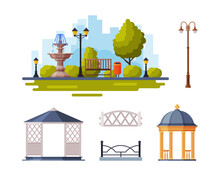 City Park Elements With Fence, Lamp, Pavilion And Bench Vector Set