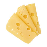 Fototapeta  - folded slices of cheese isolated on white background, pieces of sliced gouda cheese laid out to create layout
