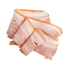 Wall Mural - three raw smoked bacon isolated, streaky brisket slices, fresh thin sliced bacon on white background