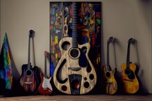Interior Of A Musician's Room. Guitars As Decorations Displayed On The Ground. Colorful Painting In The Background. Generative Ai Illustration