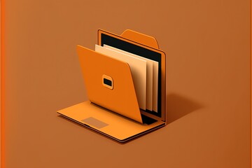 File folder on laptop screen, orange background. AI digital illustration