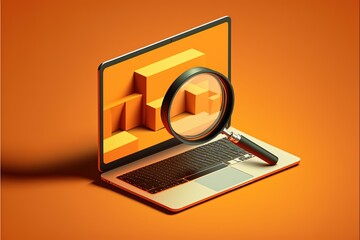 Magnifier on laptop screen, orange background. AI digital illustration