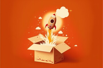 Rocket coming out of cardboard box, red background. AI digital illustration