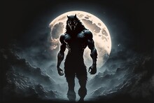 Wolf Man, Werewolf With Jacket And Hood, Moon In The Background. Generative AI
