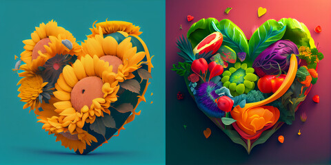 Poster - Heart of flowers and vegetables illustration, collection