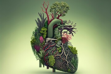 Generative AI illustration of human heart made of plants and trees