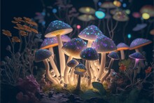 Multi-colored Glowing Mushrooms In The Dark Created With Generative AI Technology