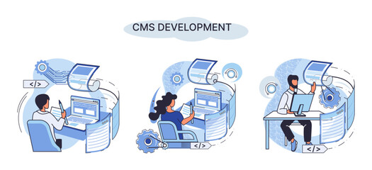 Wall Mural - digital content management system, cms development software metaphor. information system or computer