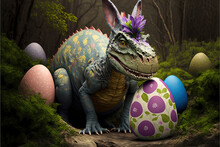 Created With Generative AI Technology Easter Egg In Fresh Green Grass And Funny Dinosaur As A Rabbit