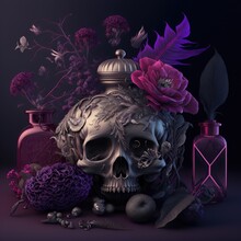 Gothic Valentine Still Life. AI Generative, AI Generated Illustration. Metal Skull With Flowers On Dark Background. Pink, Purple, Grey And Black.