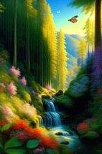 Beautiful Landscape In The Forest With Colorful Butterflies, Flowers, Created With Generative AI Technology
