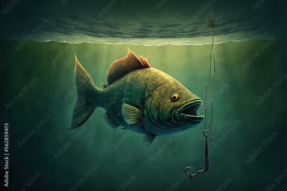 fish biting hook underwater Fish Biting the Hook Under The Sea, Believing it's Food, and it finishes  with the Hook in Mouth Stock-illustrasjon