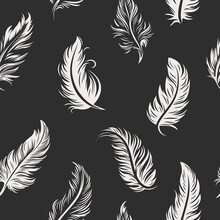 Vector Seamless Pattern With Different White Fluffy Feather Silhouettes On Black Background. Design Template Of Flamingo, Angel, Bird Feathers For Wall Paper, Textile. Lightness, Freedom Concept
