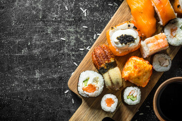 Canvas Print - Fresh sushi and rolls with soy sauce.