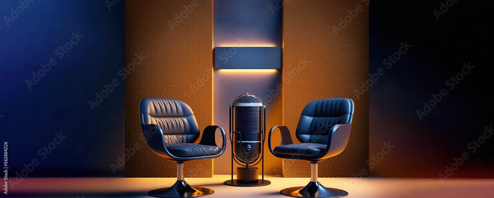 two chairs and microphones in podcast or interview room isolated on ...