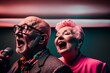 © Muriel - Funny digital illustration of two adorable senior citizens having fun singing at a karaoke at night, man with glasses and  woman coquettish, with lipstick, earrings, pink hair, made with AI Generative