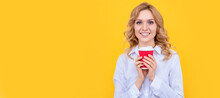 Positive Blonde Woman With Morning Coffee Cup On Yellow Background. Woman Isolated Face Portrait, Banner With Mock Up Copy Space.