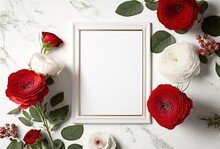 BlankPicture Frame Surround By A Floral Frame Of English Roses. Space For Copy