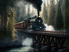 Steam Locomotive, Bridge, Forest, Scenery, Art Illustration