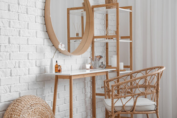 Poster - Interior of stylish makeup room with table, mirror and shelving unit