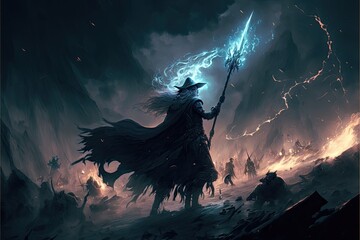 An epic fantasy illustration, featuring a dramatic battle scene, beautiful magic, mysterious, tale. Generative AI